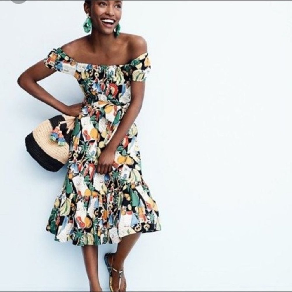 J Crew Ruffle Hem Postcard Print Off Shoulder Dress Sz 4 Belted Style G5839